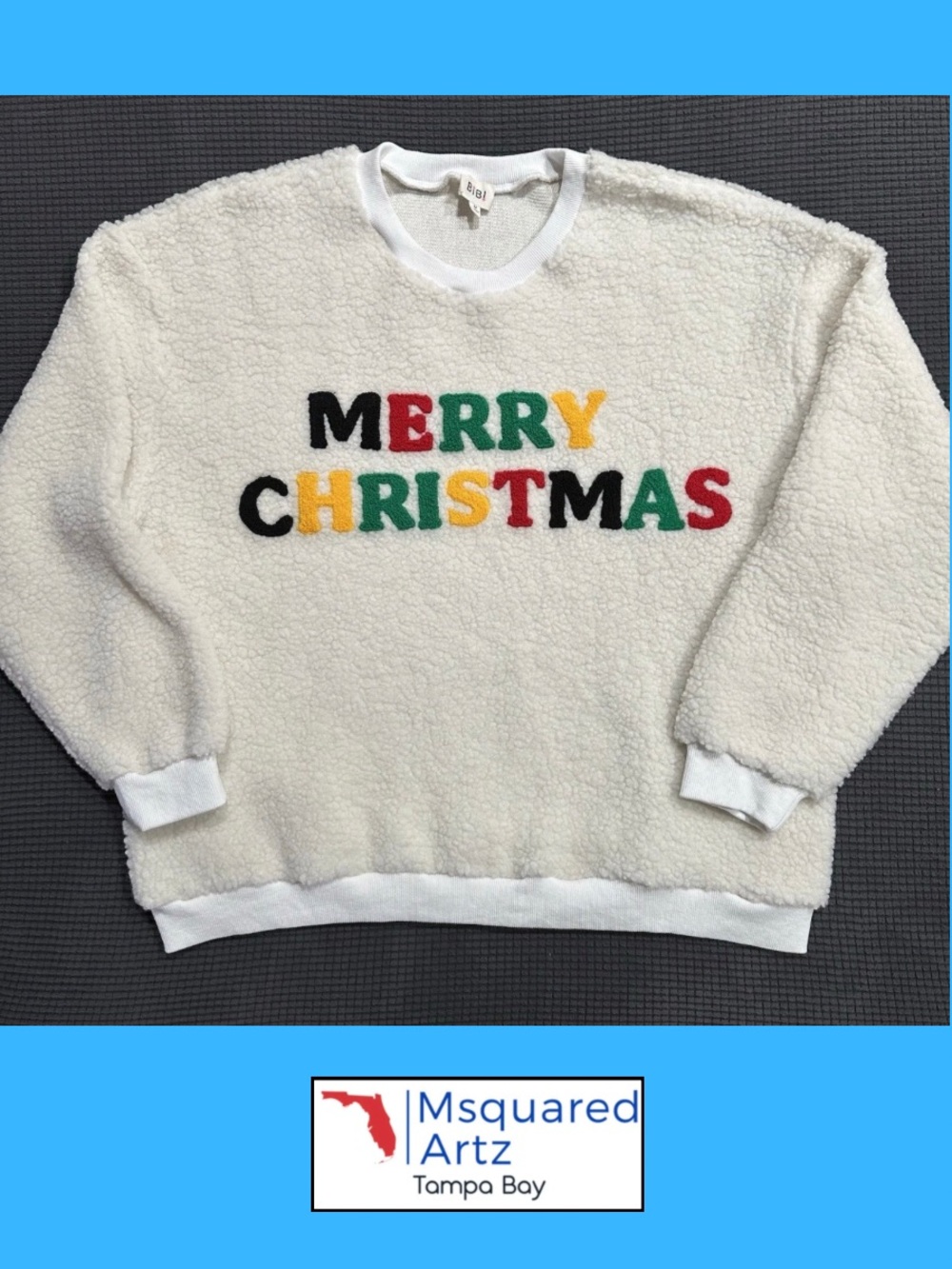BIBI Women’s M Ivory Merry Christmas Sherpa Fleece Fuzzy Holiday Pullover